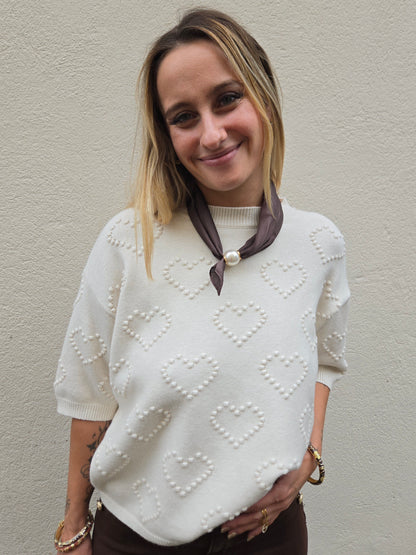 Pull cœurs en relief - écru
