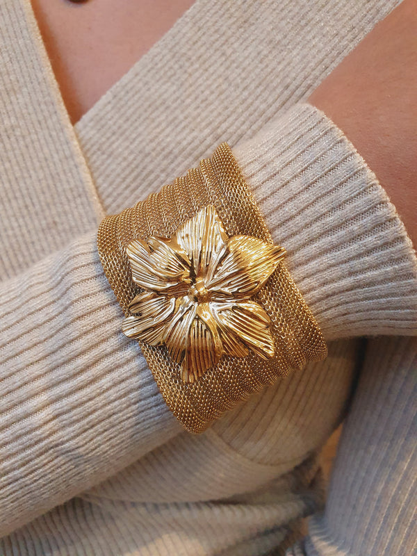 Manchette multi maillons et fleur - doré