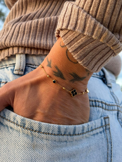 Bracelet trèfle zircons noir | doré