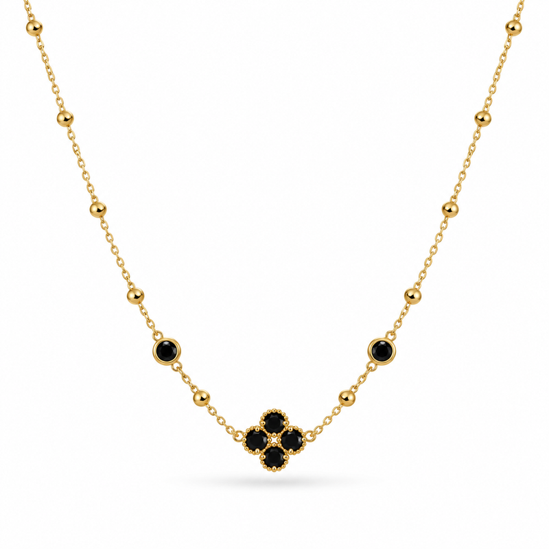 Collier trèfle zircons noir | doré