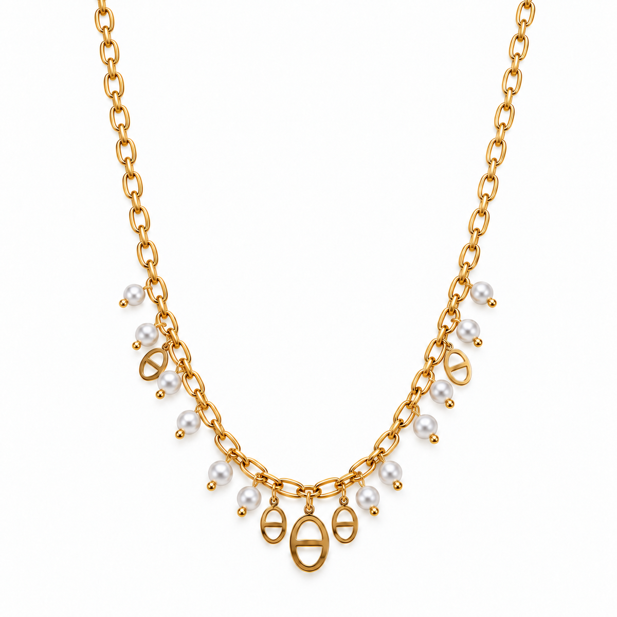 Collier breloques maille marine et perles - doré
