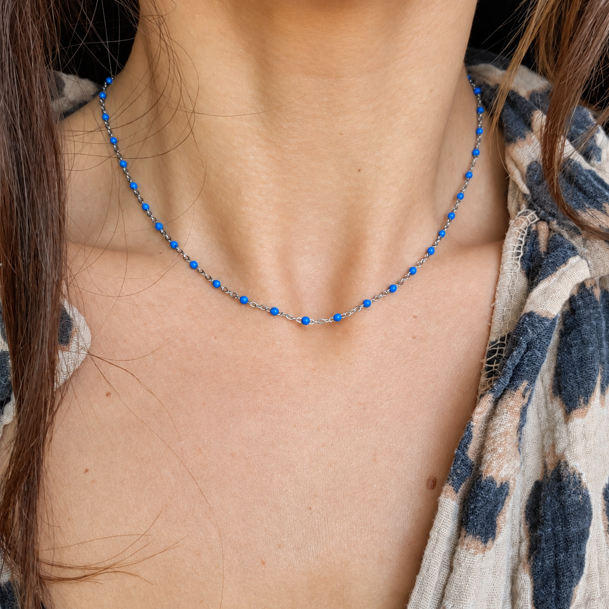 Collier perles bleues - argenté
