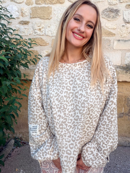 Sweat coton oversize léopard - beige