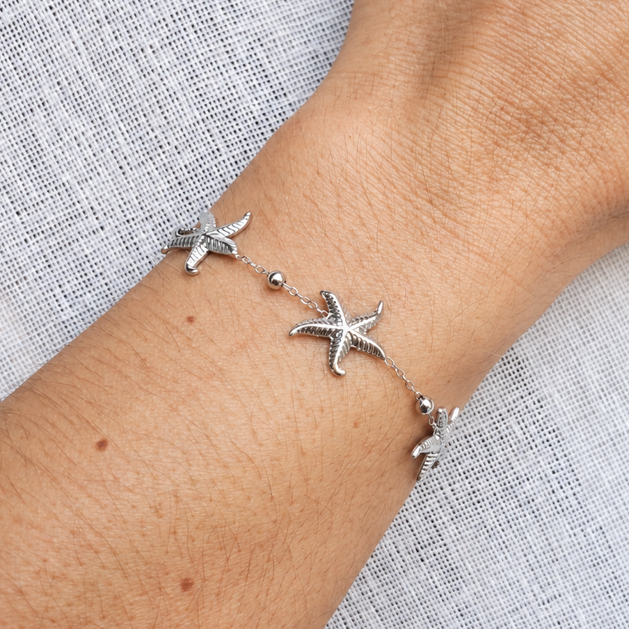 Bracelet étoiles de mer et perles - argenté