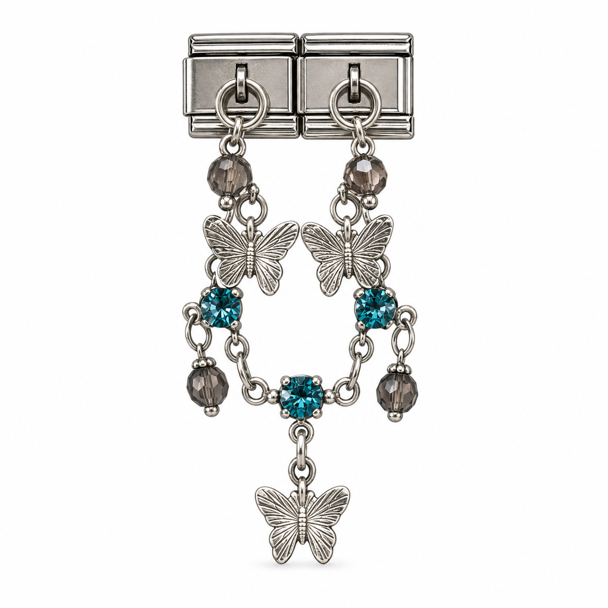 Double charm italien breloques papillons et perles bleues - argenté