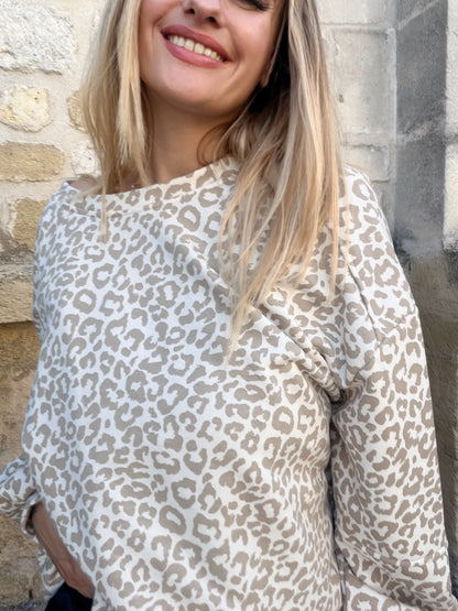Sweat coton oversize léopard - beige