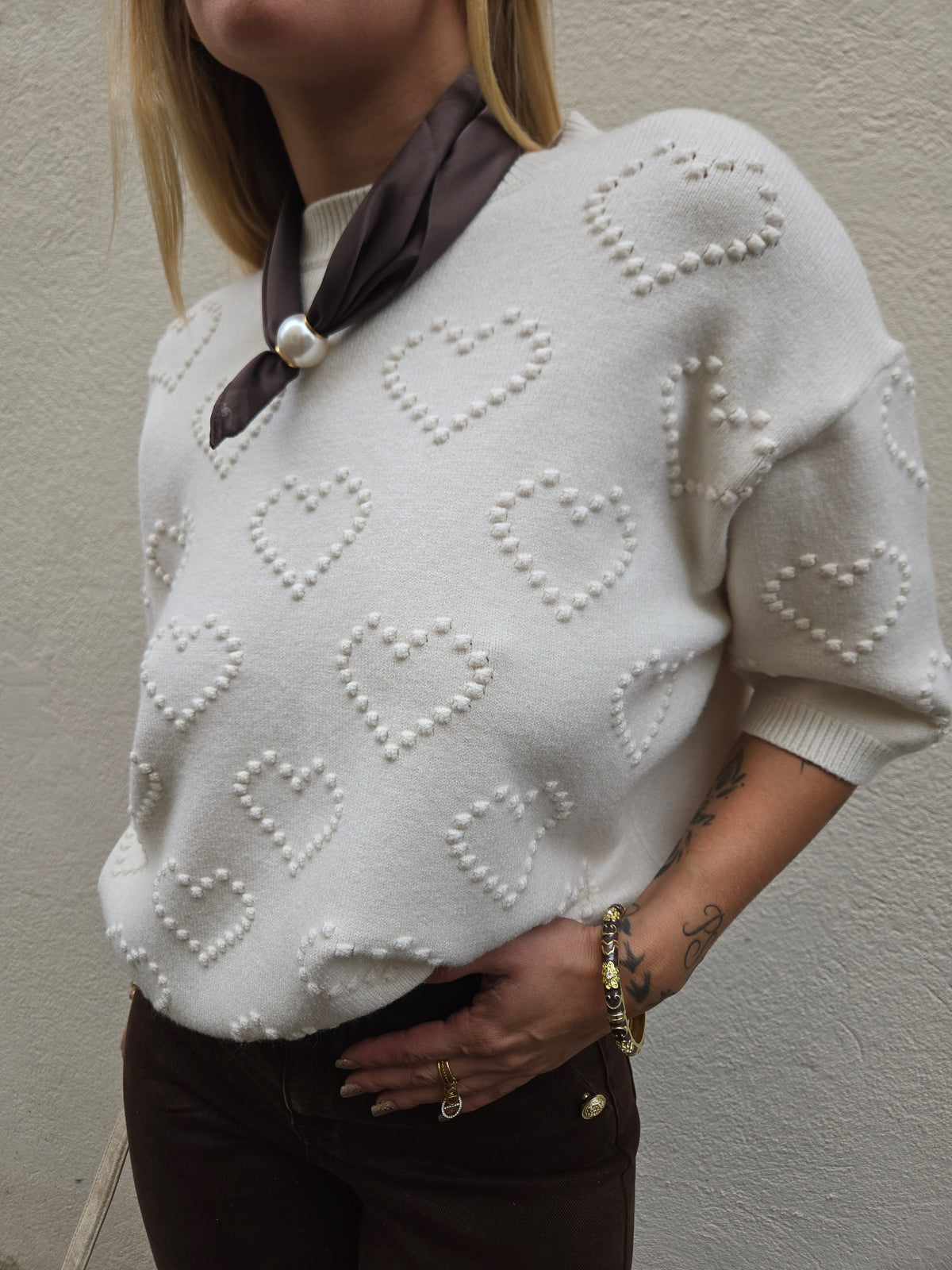 Pull cœurs en relief - écru