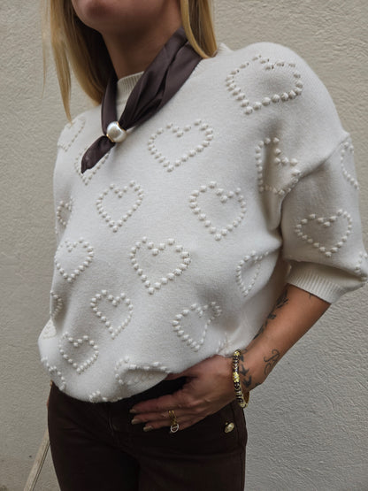 Pull cœurs en relief - écru