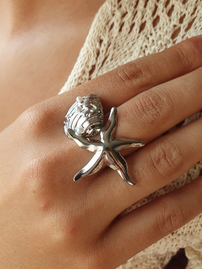 Bague étoile de mer et coquillage perlé - argenté