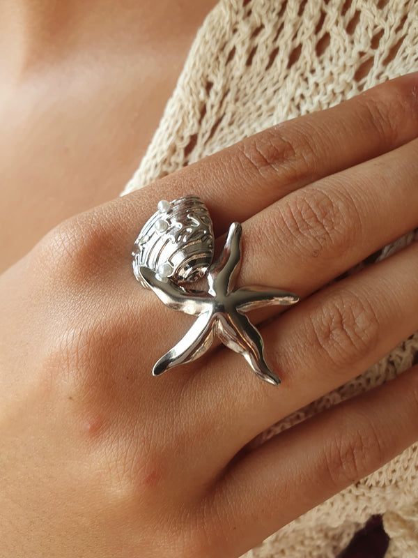 Bague étoile de mer et coquillage perlé - argenté