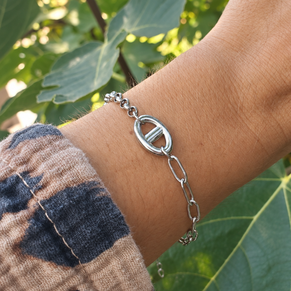 Bracelet maille marine chaîne 2 types de maillons - argenté