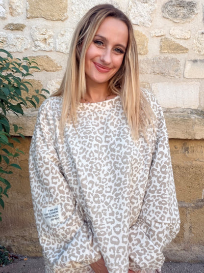 Sweat coton oversize léopard - beige