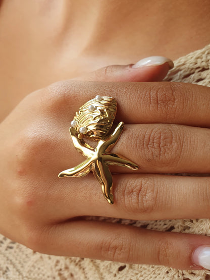 Bague étoile de mer et coquillage perlé - doré