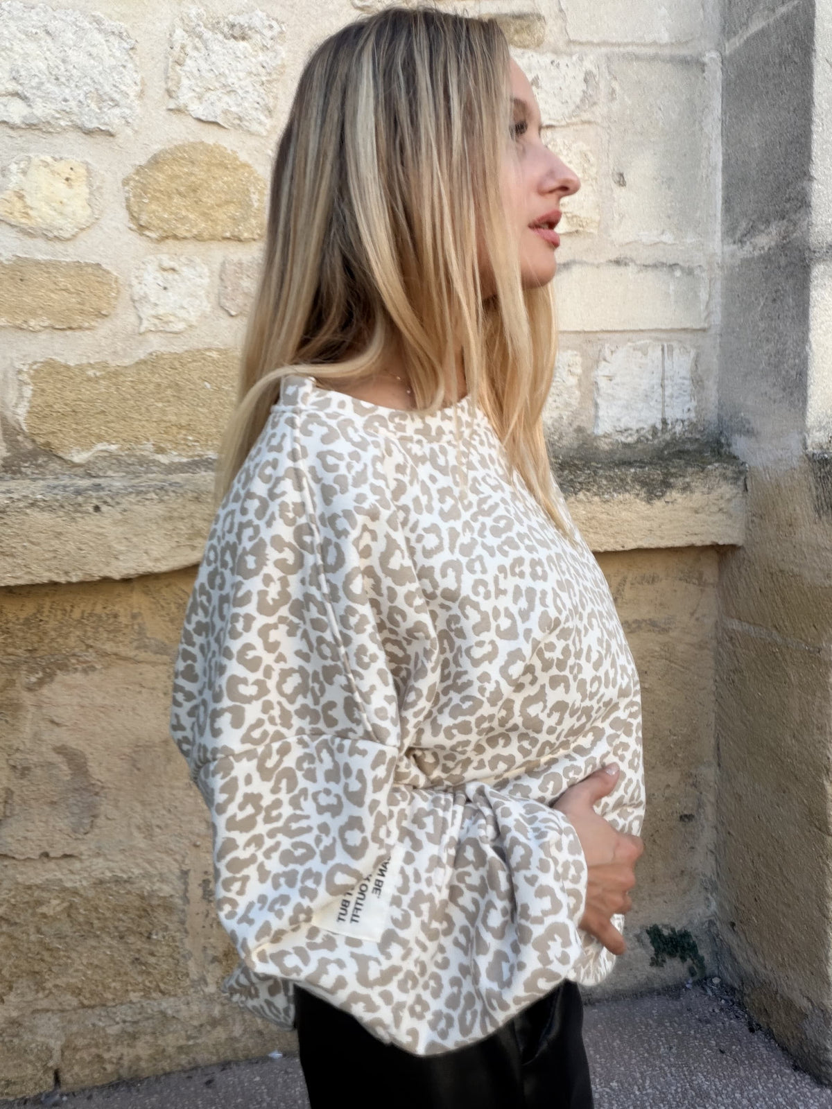 Sweat coton oversize léopard - beige