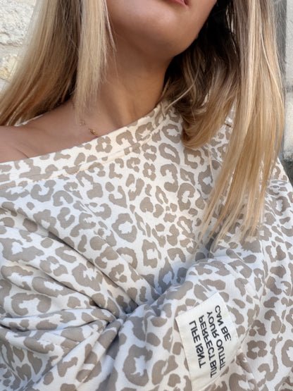 Sweat coton oversize léopard - beige