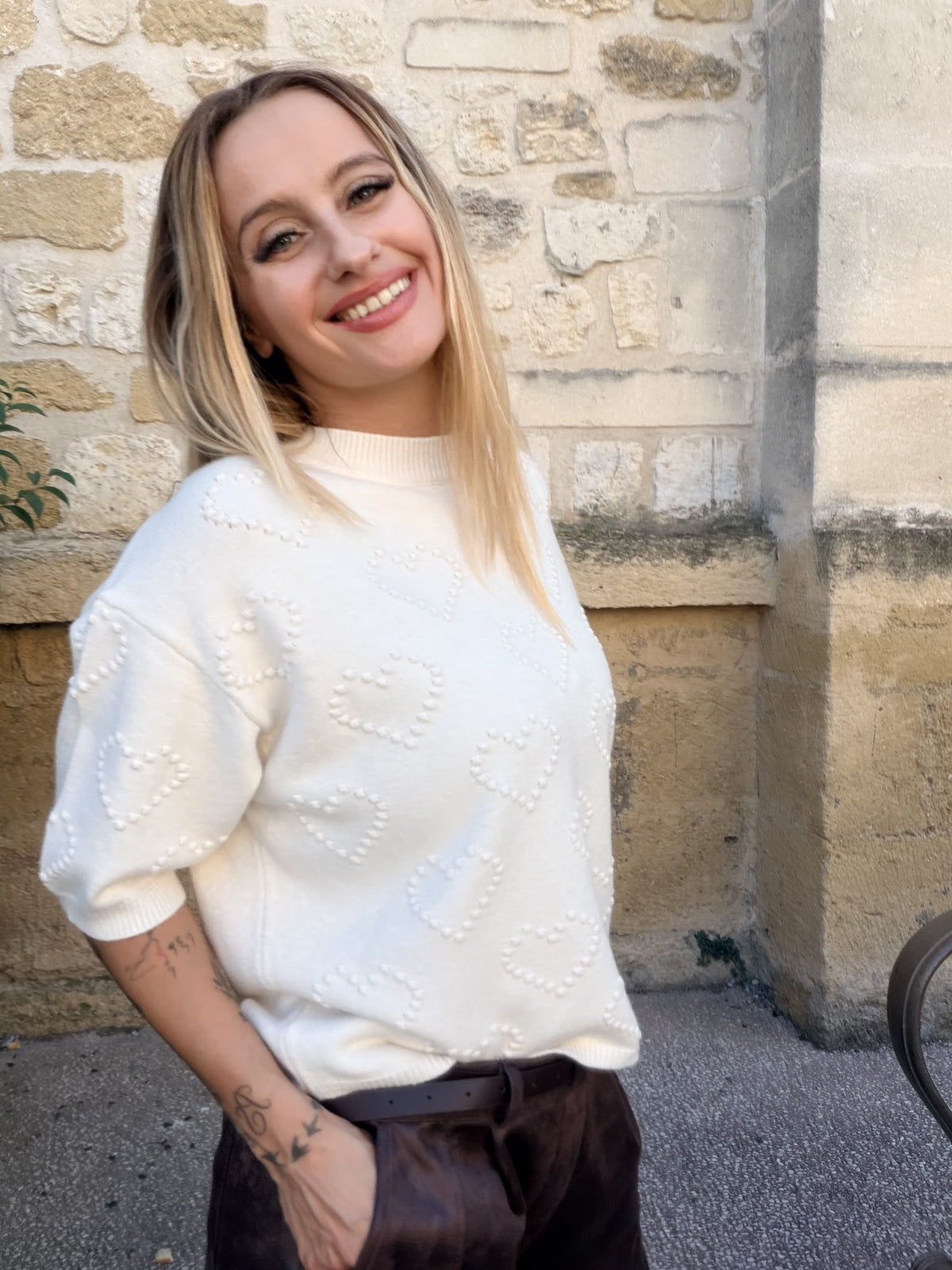 Pull cœurs en relief - écru