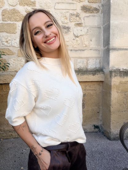 Pull cœurs en relief - écru