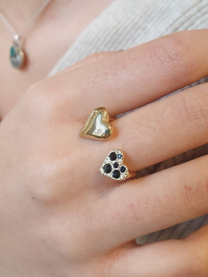 Bague double cœur - doré/noir