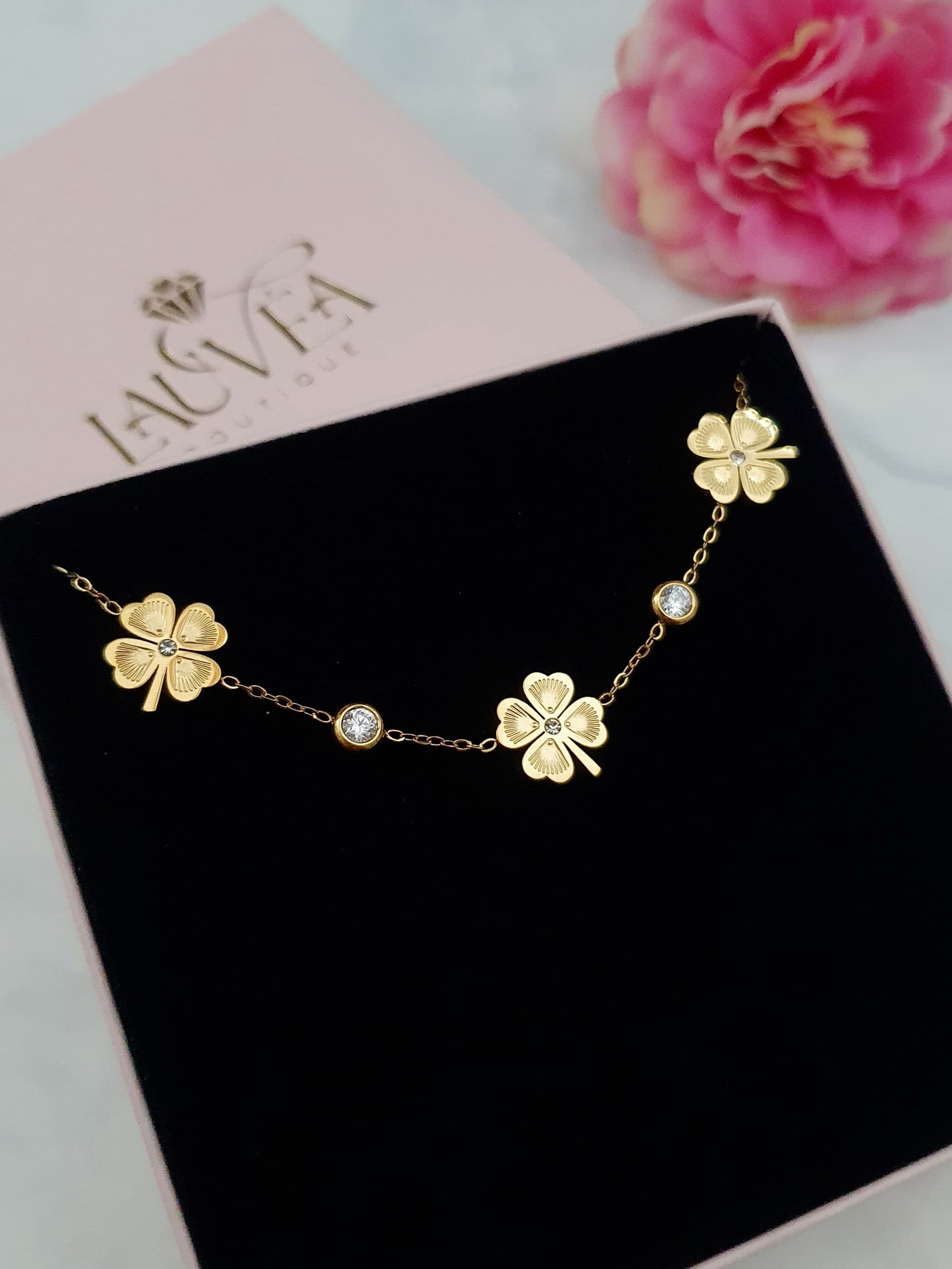 Bracelet petits trèfles à tiges et zircons - doré