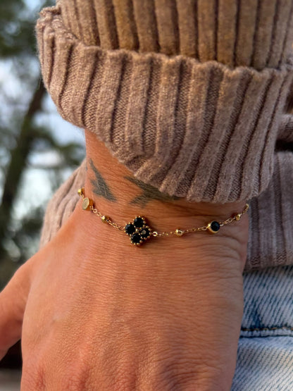 Bracelet trèfle zircons noir | doré