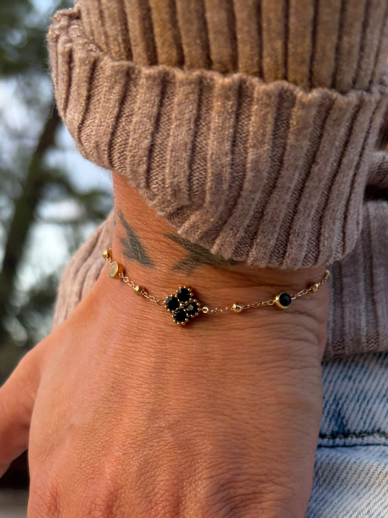 Bracelet trèfle zircons noir | doré