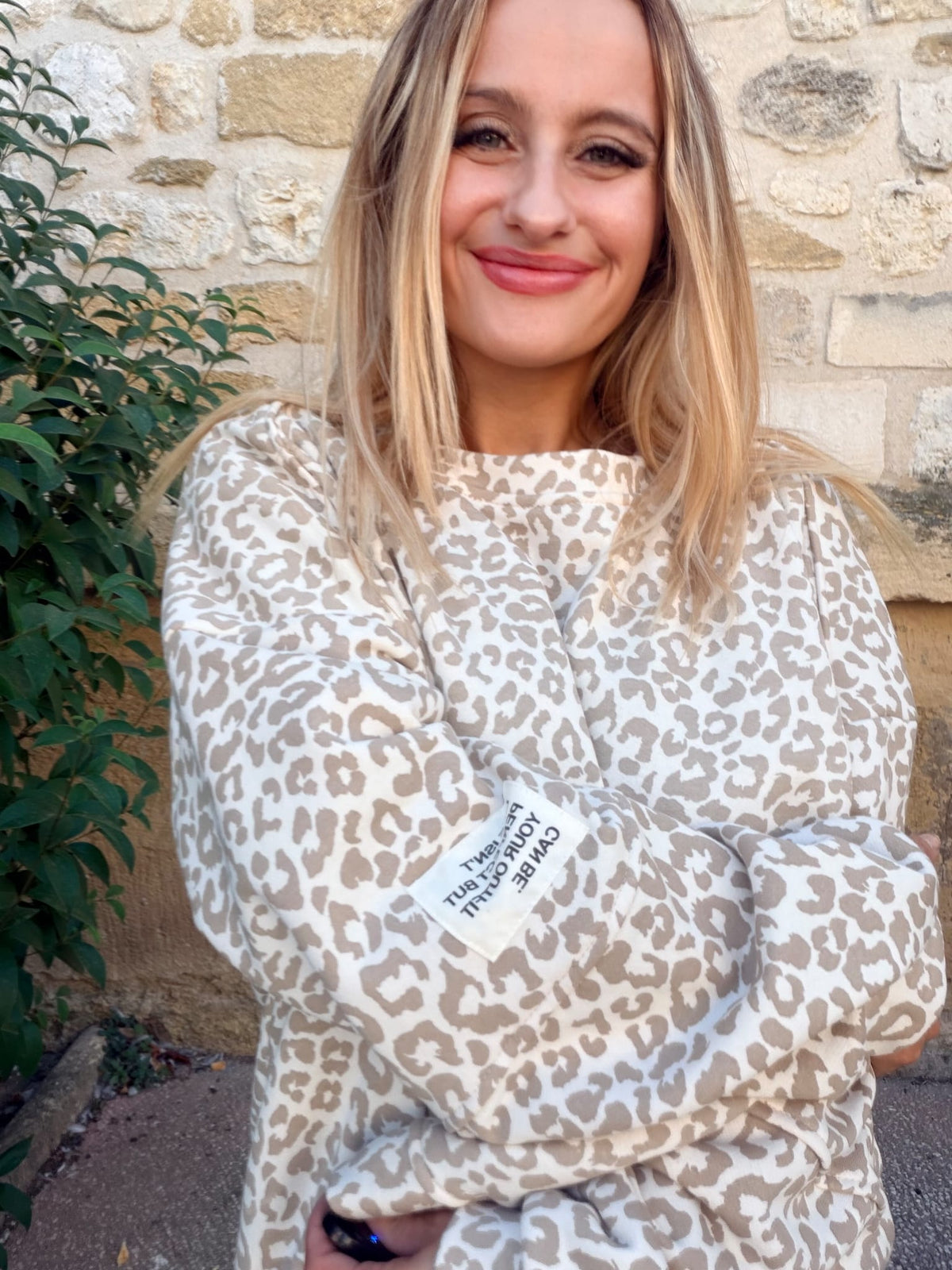 Sweat coton oversize léopard - beige