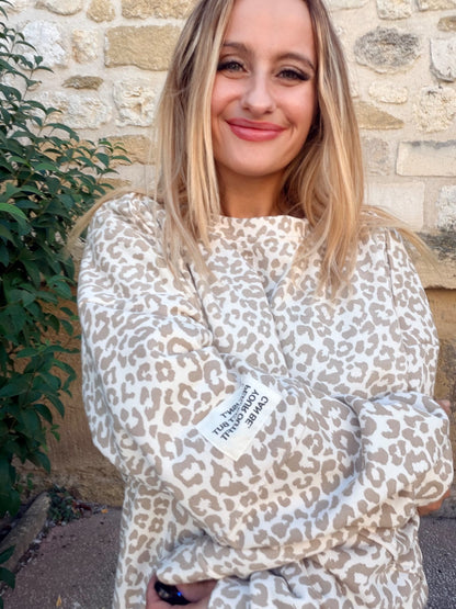 Sweat coton oversize léopard - beige