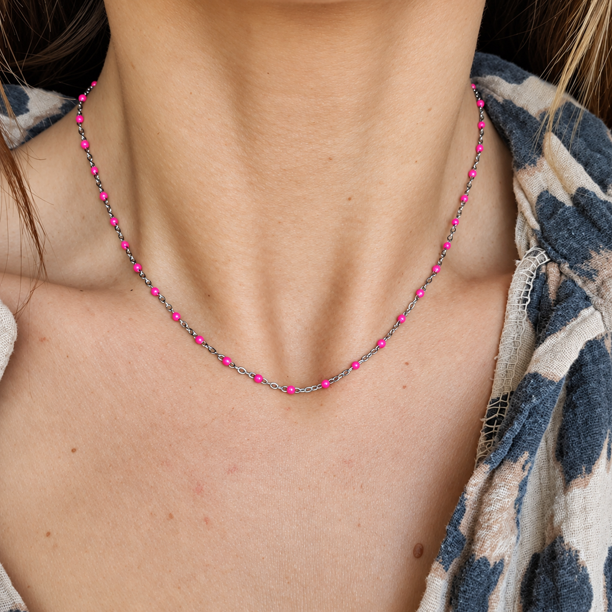 Collier perles roses - argenté