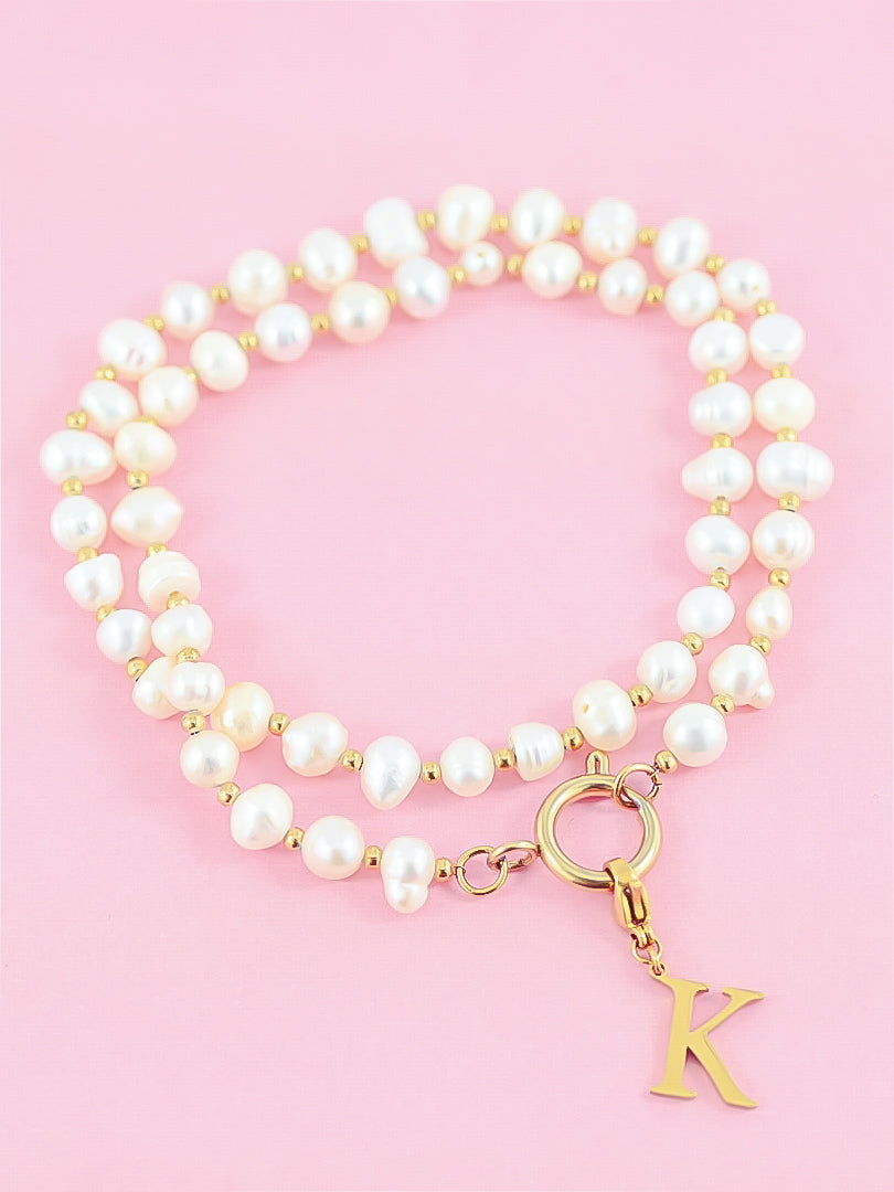 Collier en perles d'eau douce & petites perles acier (personnalisable) - doré