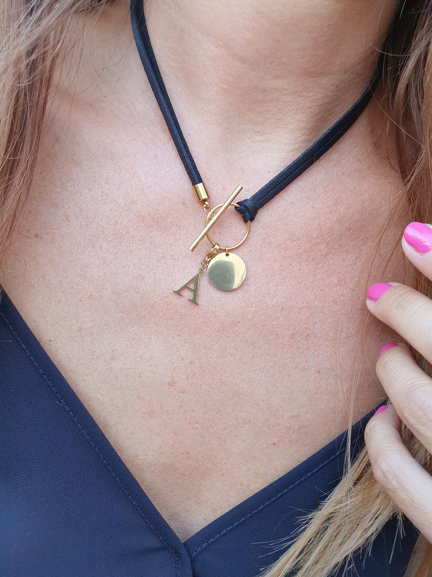 Collier pampille et cuir personnalisable - doré