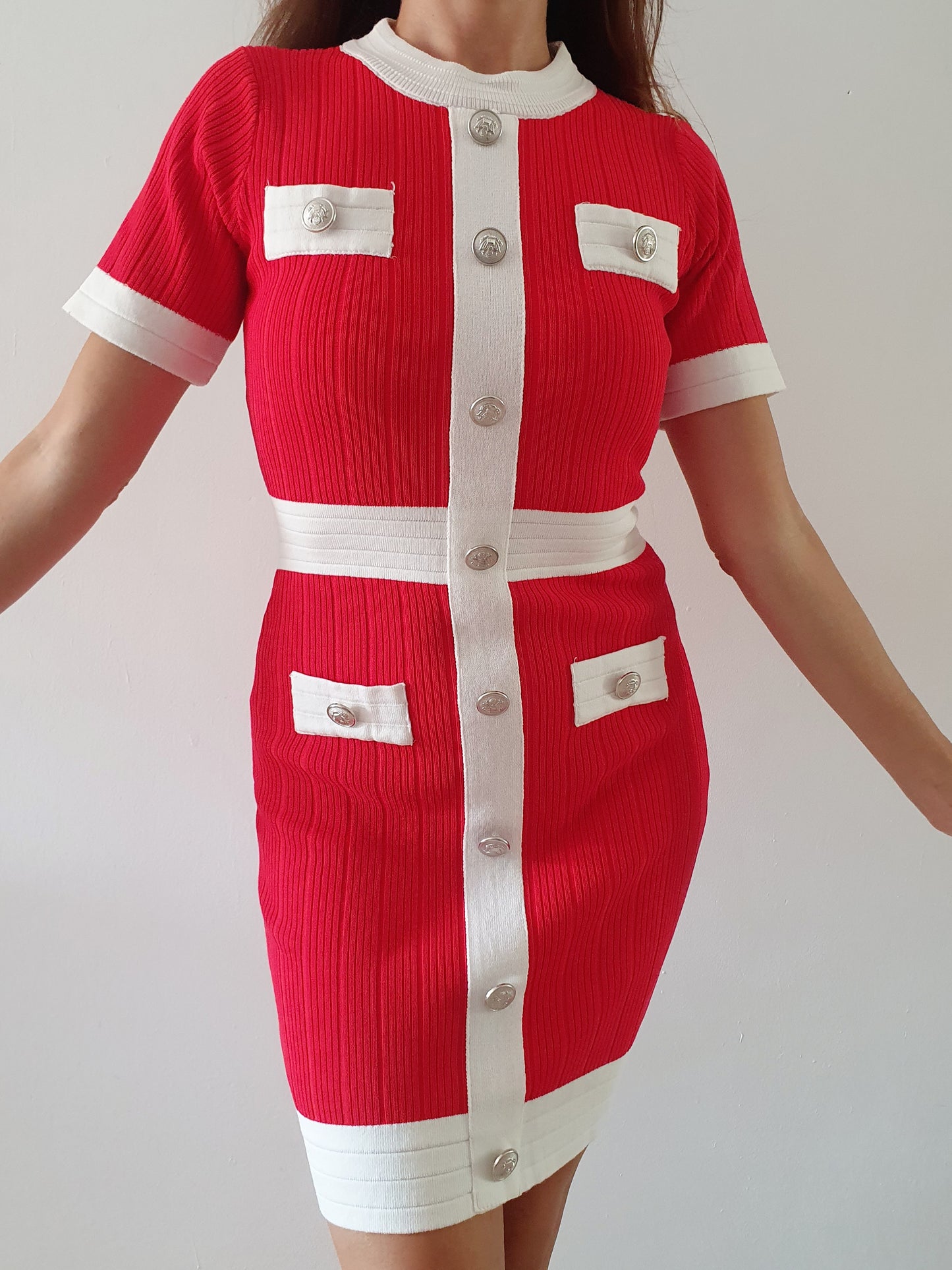 Robe maille chic rouge & blanche