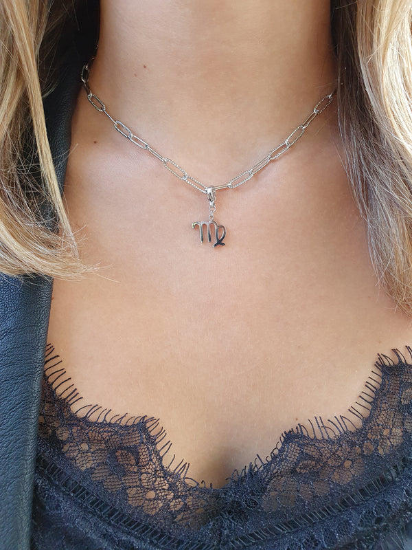 Collier signe astrologique maillons striés - argenté