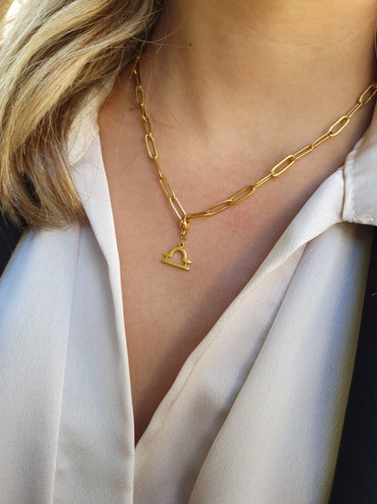 Collier signe astrologique maillons striés - doré