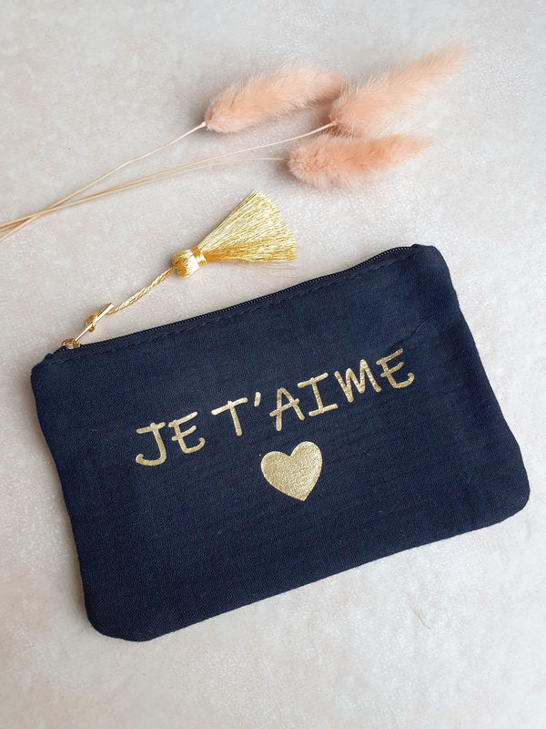 Pochette "Je t'aime" à pompon - noir