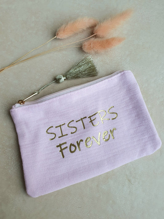 Pochette "Sisters forever" à pompon - rose poudré