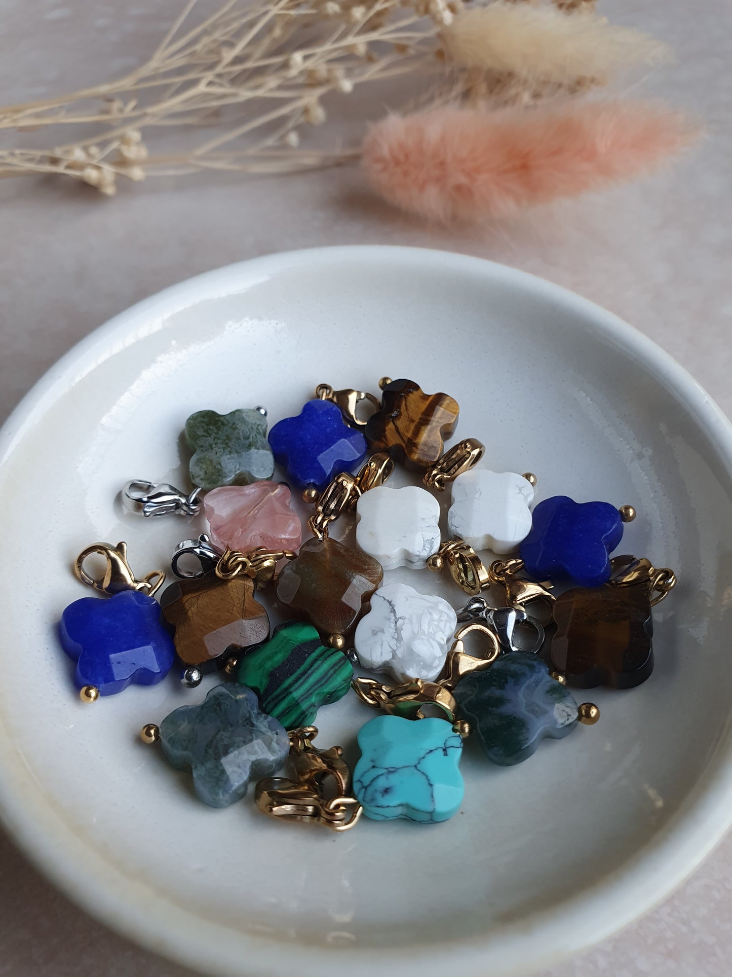 Charm trèfle pierre naturelle Agate Indienne - argenté