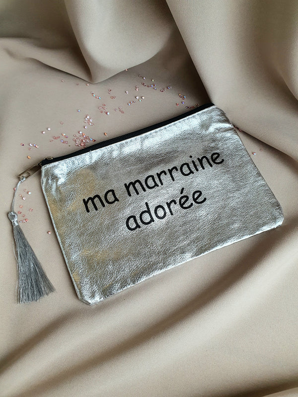 Pochette "Ma marraine adorée" à pompon - argenté