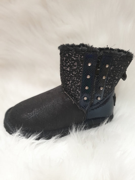 Boots fourrées strass/tweed noires & bleues