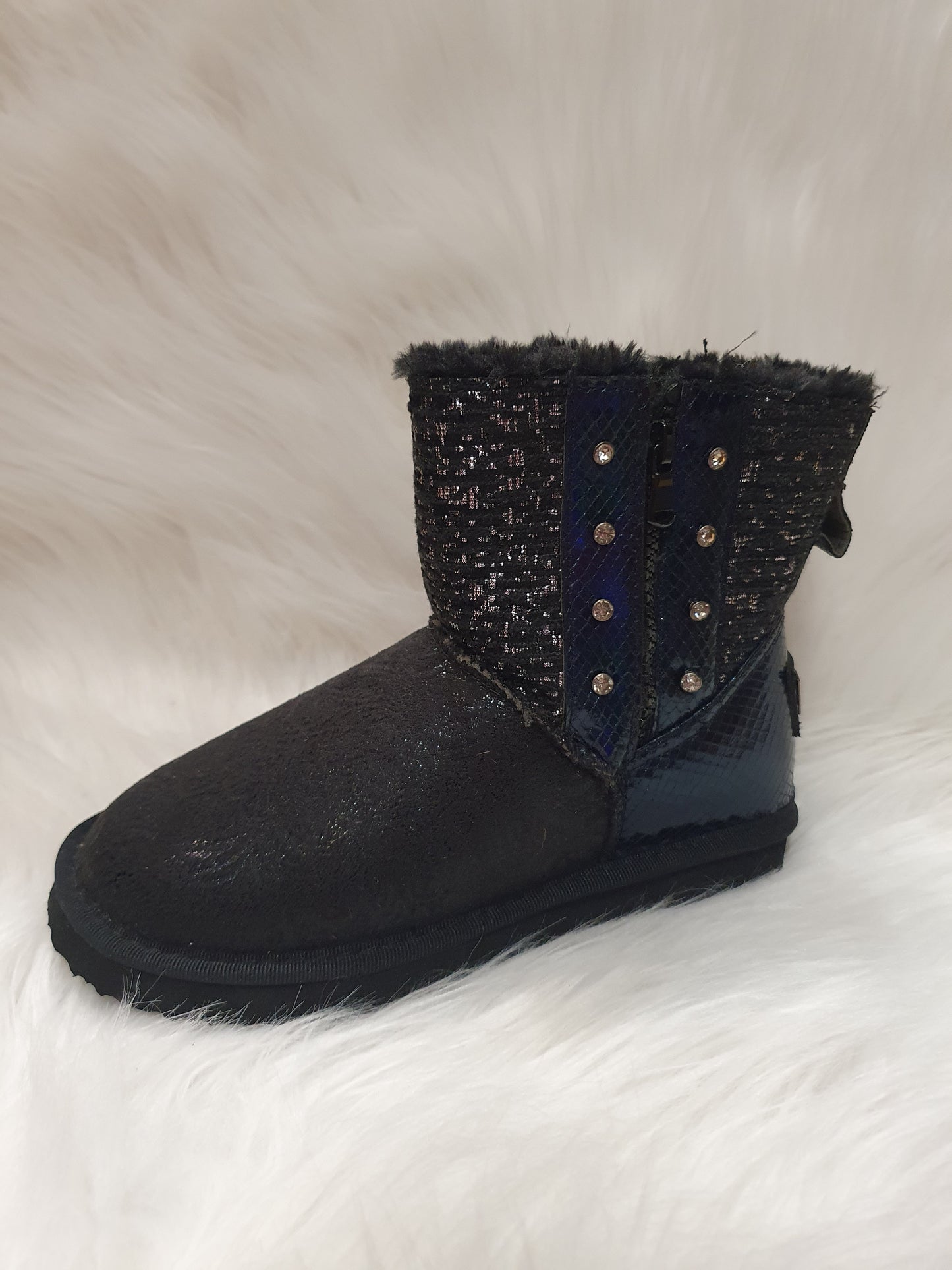 Boots fourrées strass/tweed noires & bleues