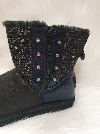 Boots fourrées strass/tweed noires & bleues