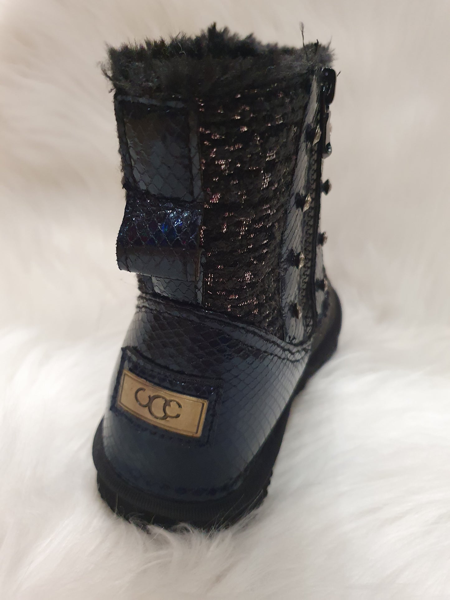 Boots fourrées strass/tweed noires & bleues