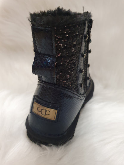 Boots fourrées strass/tweed noires & bleues