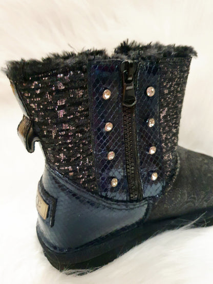 Boots fourrées strass/tweed noires & bleues