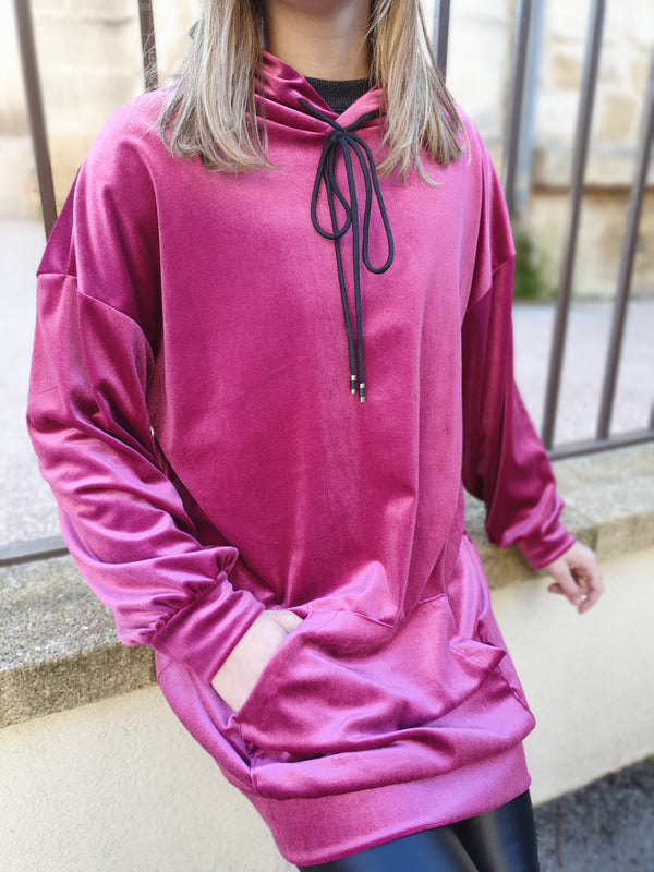 Sweat rose velours à capuche