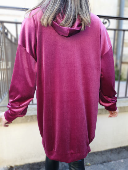Sweat rose velours à capuche