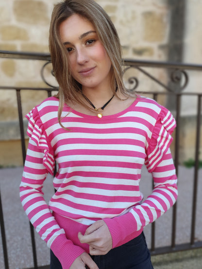 Pull fin marinière rose à volants (dernière unité en stock)