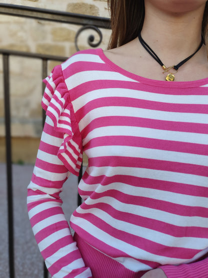Pull fin marinière rose à volants (dernière unité en stock)