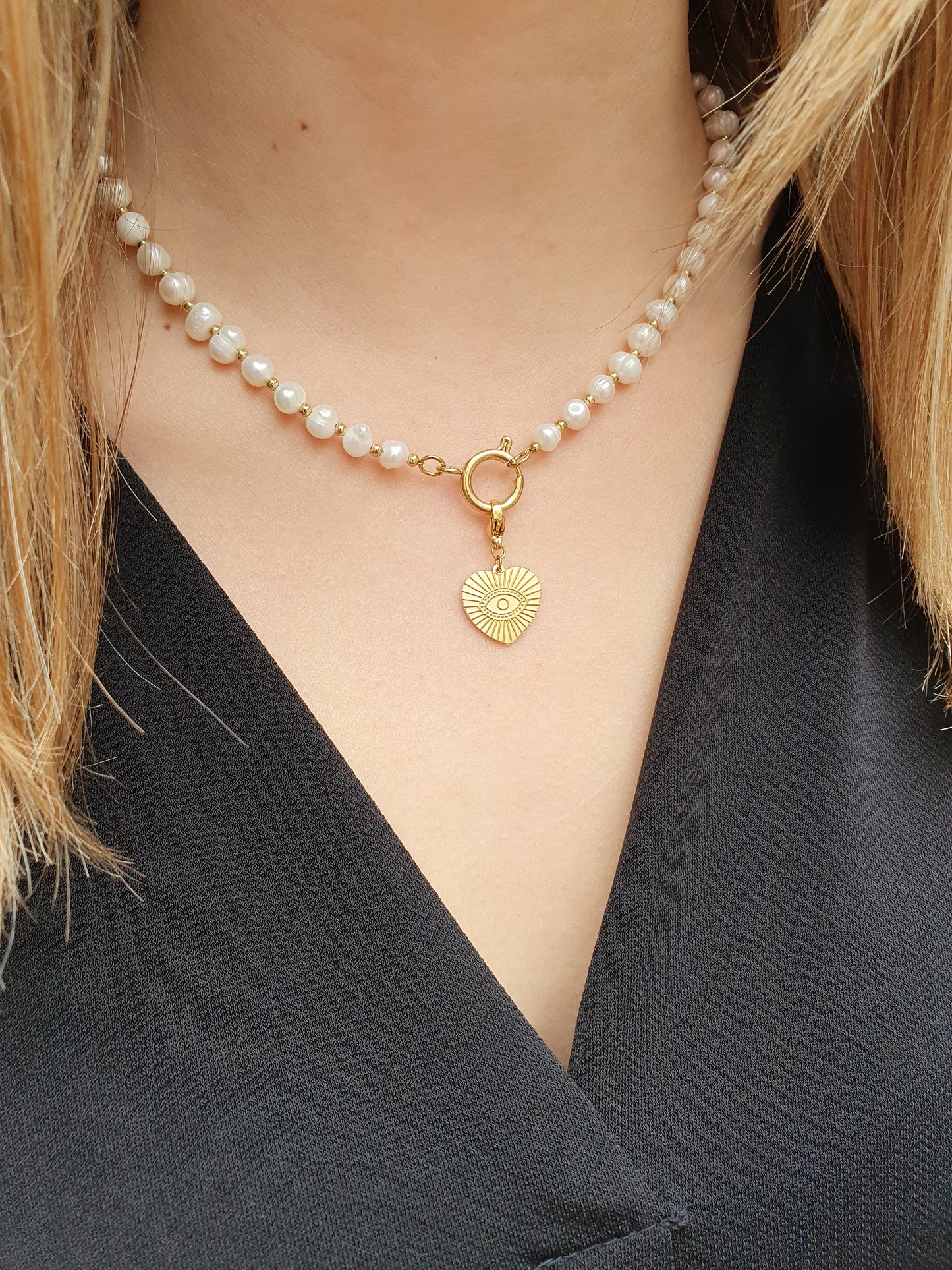 Collier en perles d'eau douce & petites perles acier (personnalisable) - doré