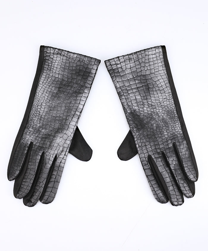 Gants noirs et gris argenté imprimé croco